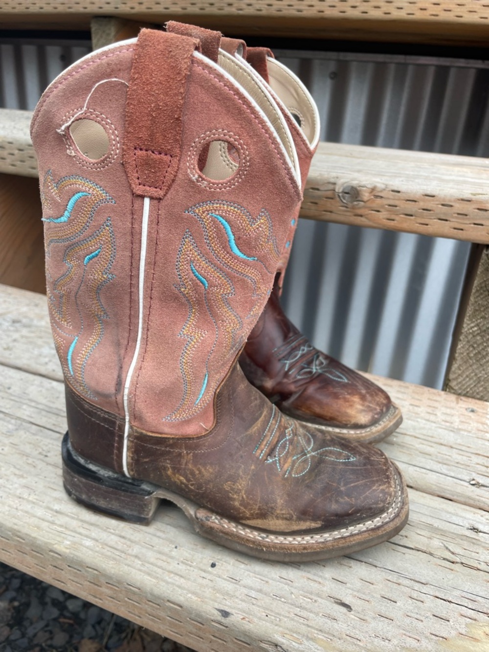 Old West Tan & Pink Western Boots with Aqua Embroidery